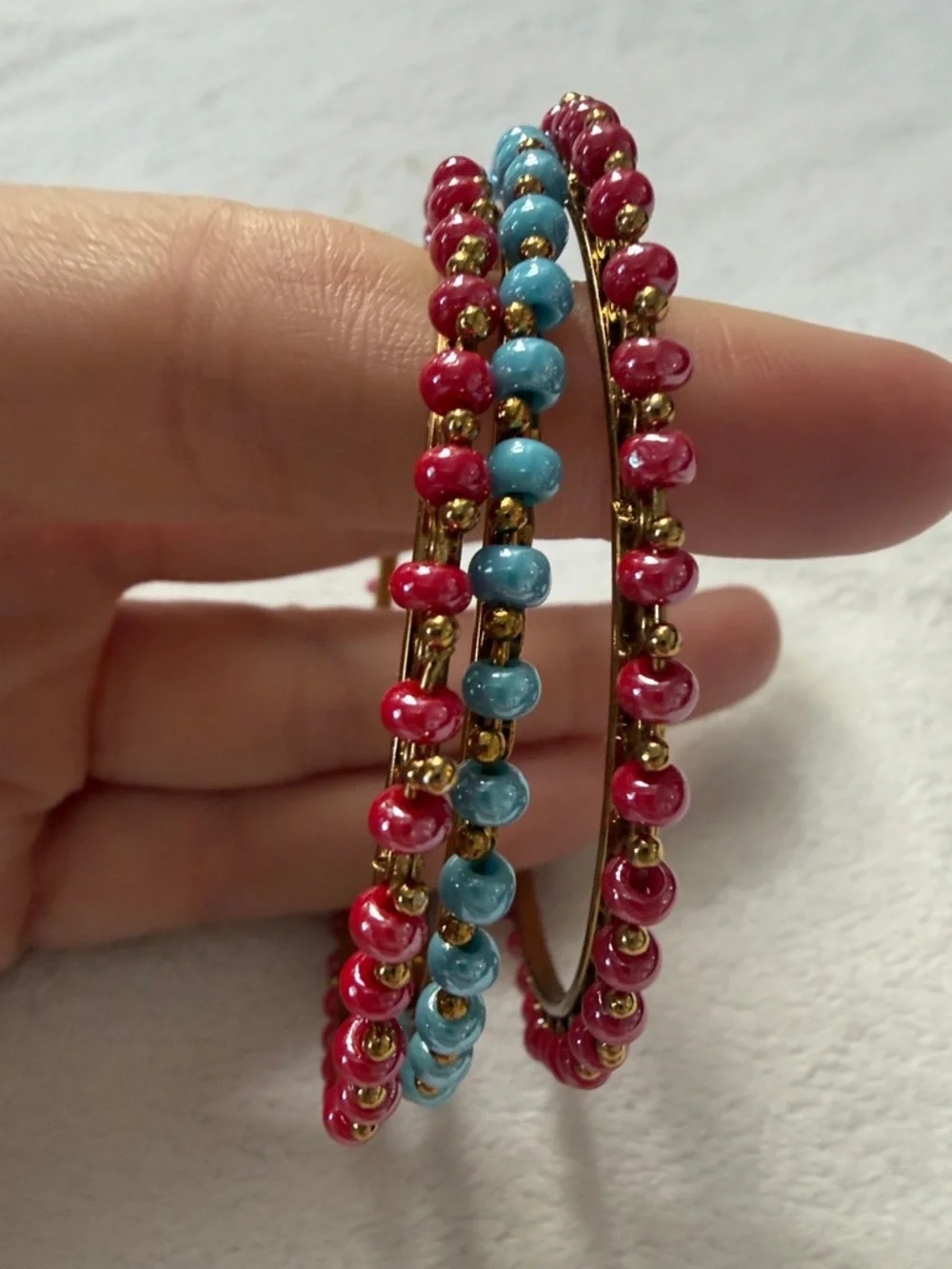 Gold-Tone Stackable Bangle Set with Pink and Blue Beads